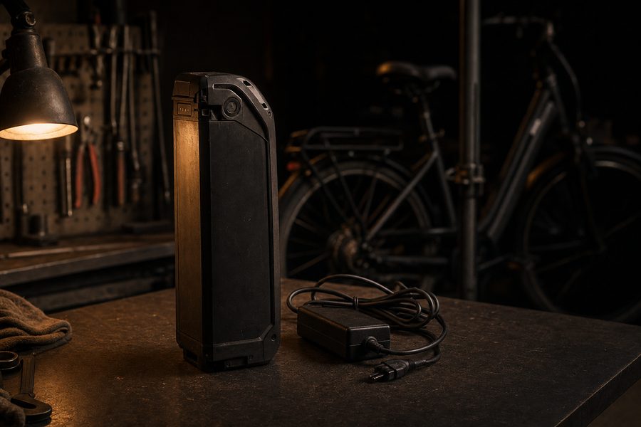 Ein entnommener E-Bike-Akku steht aufrecht auf einer dunklen Werkbank, das Ladekabel daneben aufgerollt