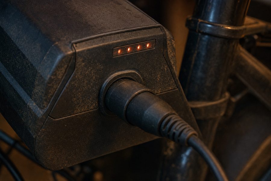 Ein Ladestecker steckt im Anschluss eines E-Bike-Akkus, feiner Staub auf dem Gehäuse