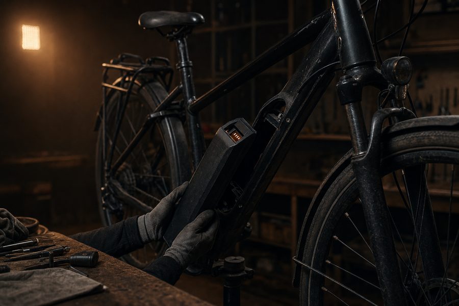 Ein gebrauchtes Trekking-E-Bike im Montageständer, der Rahmenakku wird mit Handschuhen entnommen