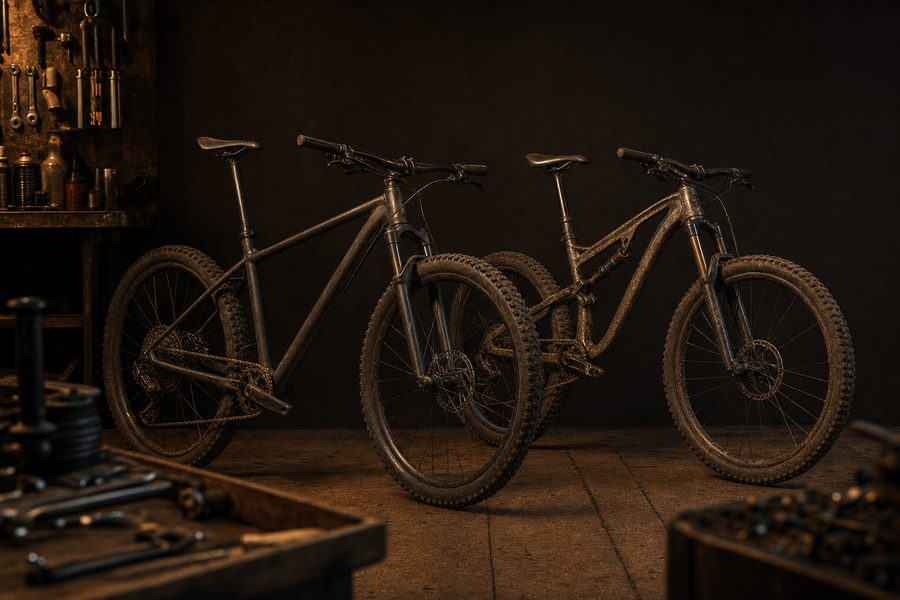 Zwei Mountainbikes nebeneinander an einer dunklen Wand, eines mit starrem Heck, eines mit Dämpfer