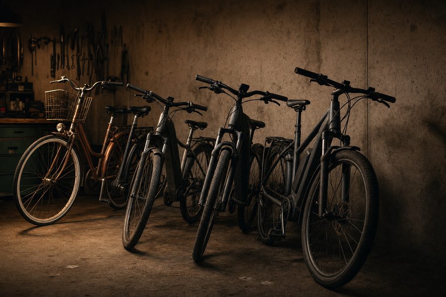 Fünf gebrauchte Fahrräder und E-Bikes lehnen an einer Betonwand in einer Werkstatt
