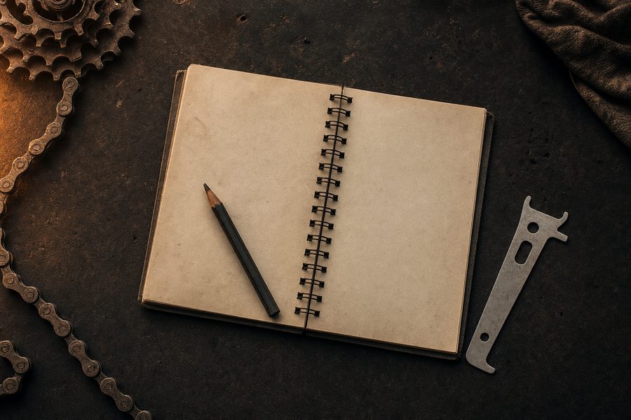 Ein aufgeschlagenes Notizbuch mit leeren Seiten, ein Bleistift und eine Kettenlehre auf einer dunklen Werkbank