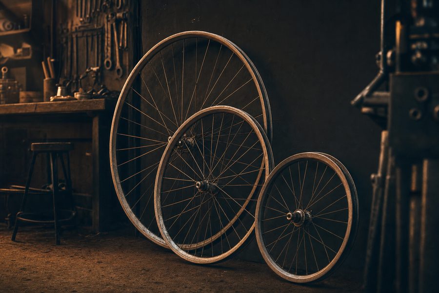 Drei nackte Fahrradlaufräder unterschiedlicher Durchmesser lehnen an einer dunklen Wand