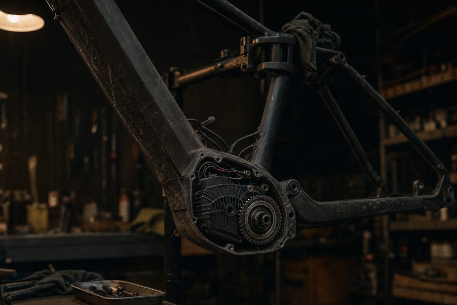 Eine Mittelmotoreinheit am Tretlager eines teilweise zerlegten E-Bike-Rahmens im Montageständer