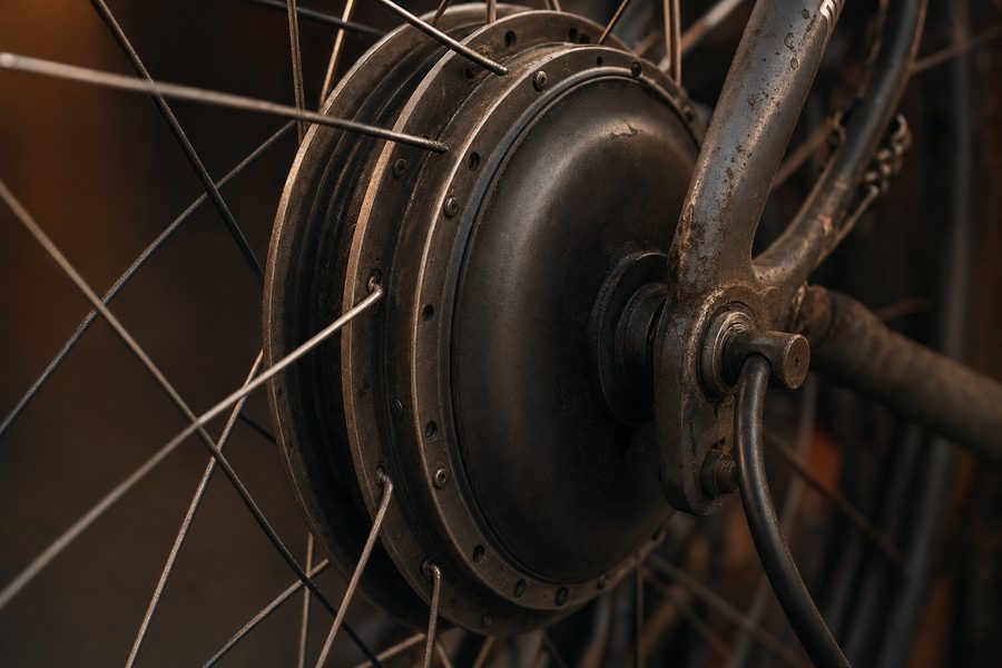 Ein Nabenmotor im Hinterrad, die Speichen laufen sternförmig nach außen, das Kabel tritt am Ausfallende aus