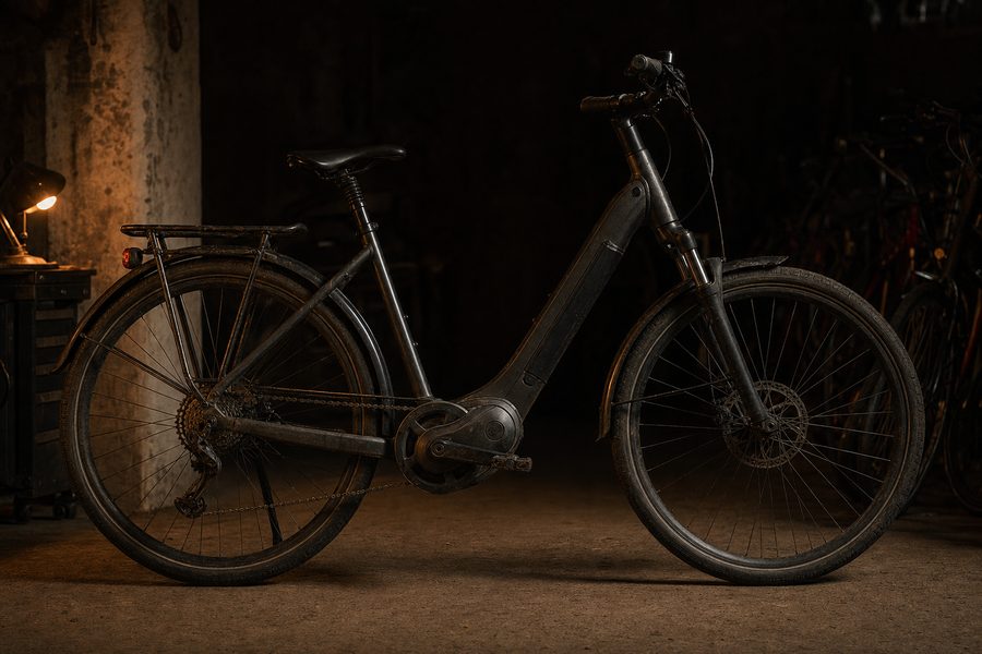 Ein City-E-Bike von der Antriebsseite fotografiert, das Motorgehäuse im warmen Licht