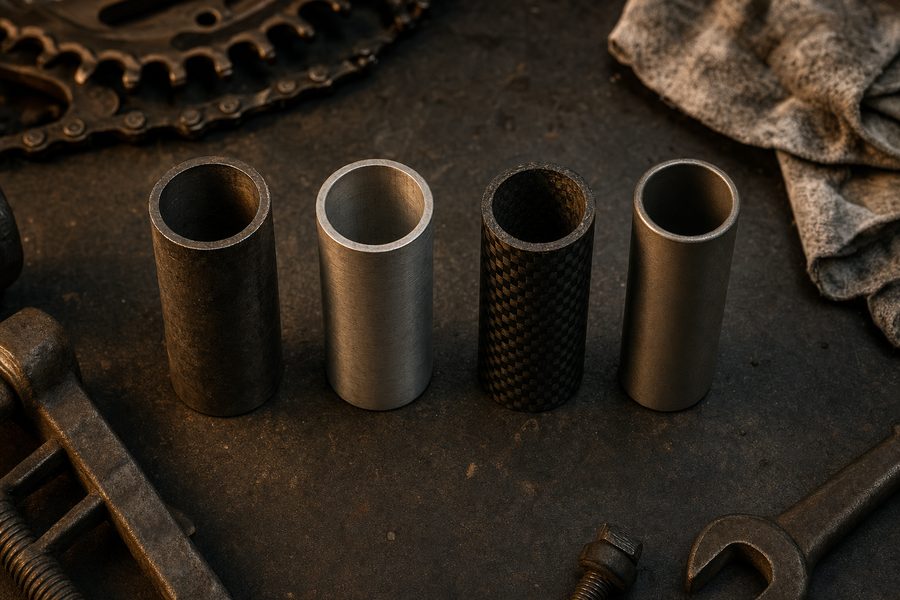 Vier kurze Rohrabschnitte aus Stahl, Aluminium, Carbon und Titan stehen aufrecht auf einer Werkbank