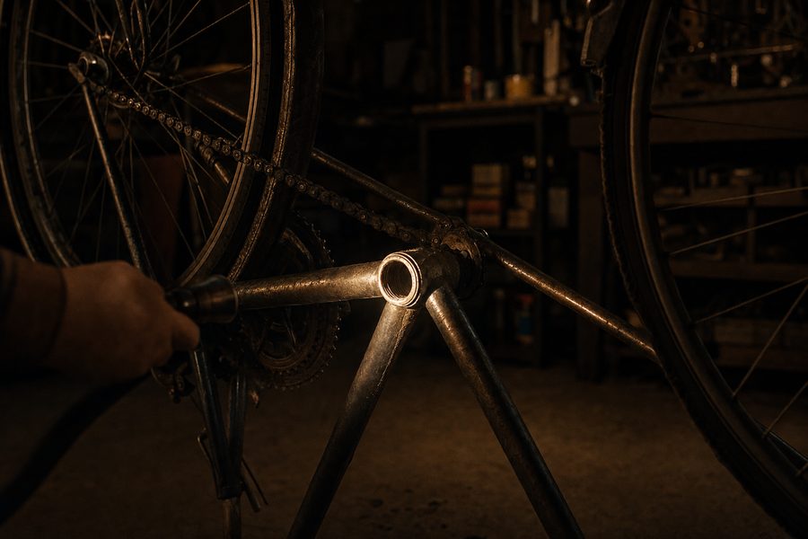 Ein umgedrehtes Fahrrad zeigt das Tretlagergehäuse, ein Taschenlampenstrahl streift über die Oberfläche