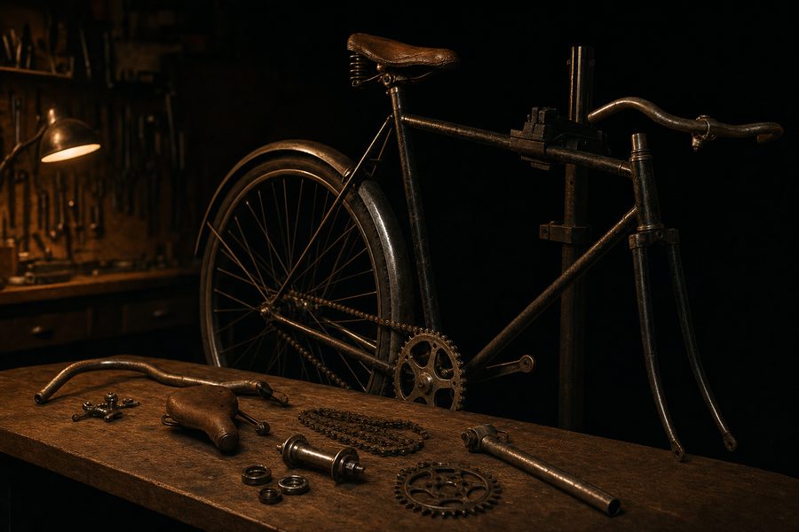Eine Werkbank mit einem teilweise aufgebauten Fahrrad im Ständer, daneben geordnet ausgelegte Teile