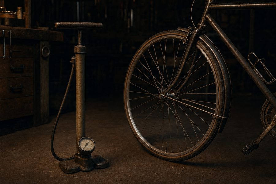 Eine Standpumpe aus Stahl mit großem analogem Manometer steht neben einem Laufrad