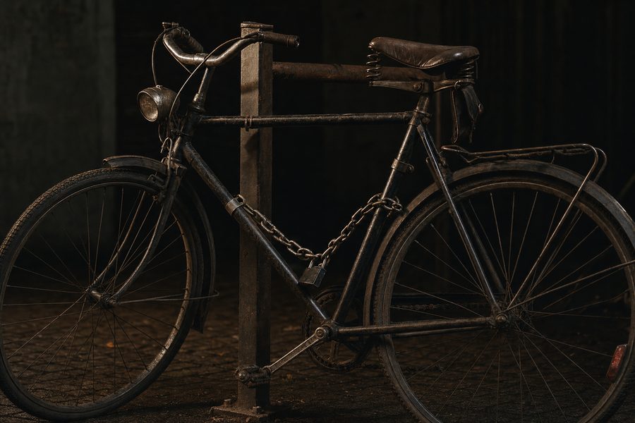 Ein Fahrrad ist mit einem schweren Kettenschloss durch Rahmen und Hinterrad an einen Stahlständer angeschlossen