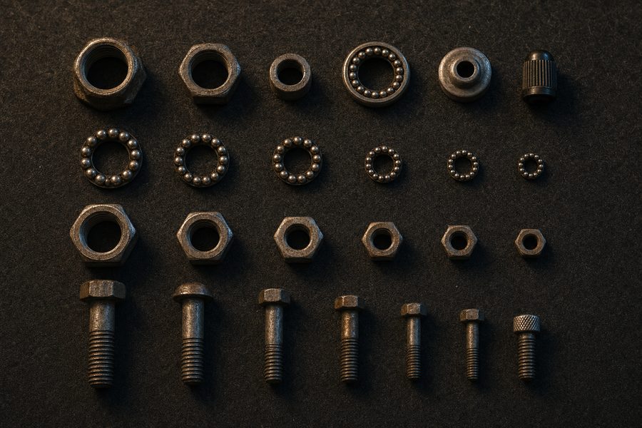 Kleine Fahrradteile (Muttern, Schrauben, Kugellager, eine Ventilkappe) in Reihen auf dunklem Filz