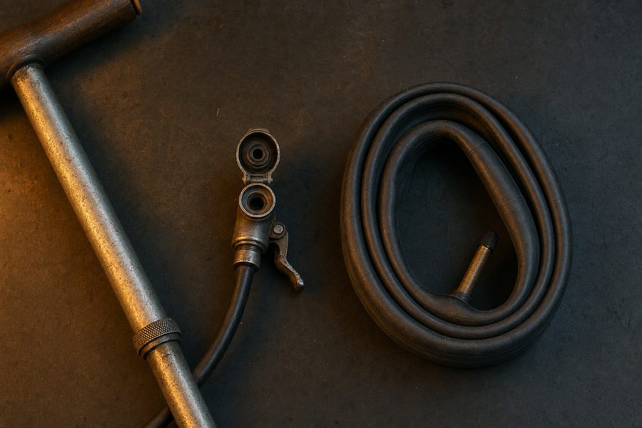 Ein geöffneter Stahl-Standpumpenkopf mit zwei Anschlüssen neben einem aufgerollten Schlauch